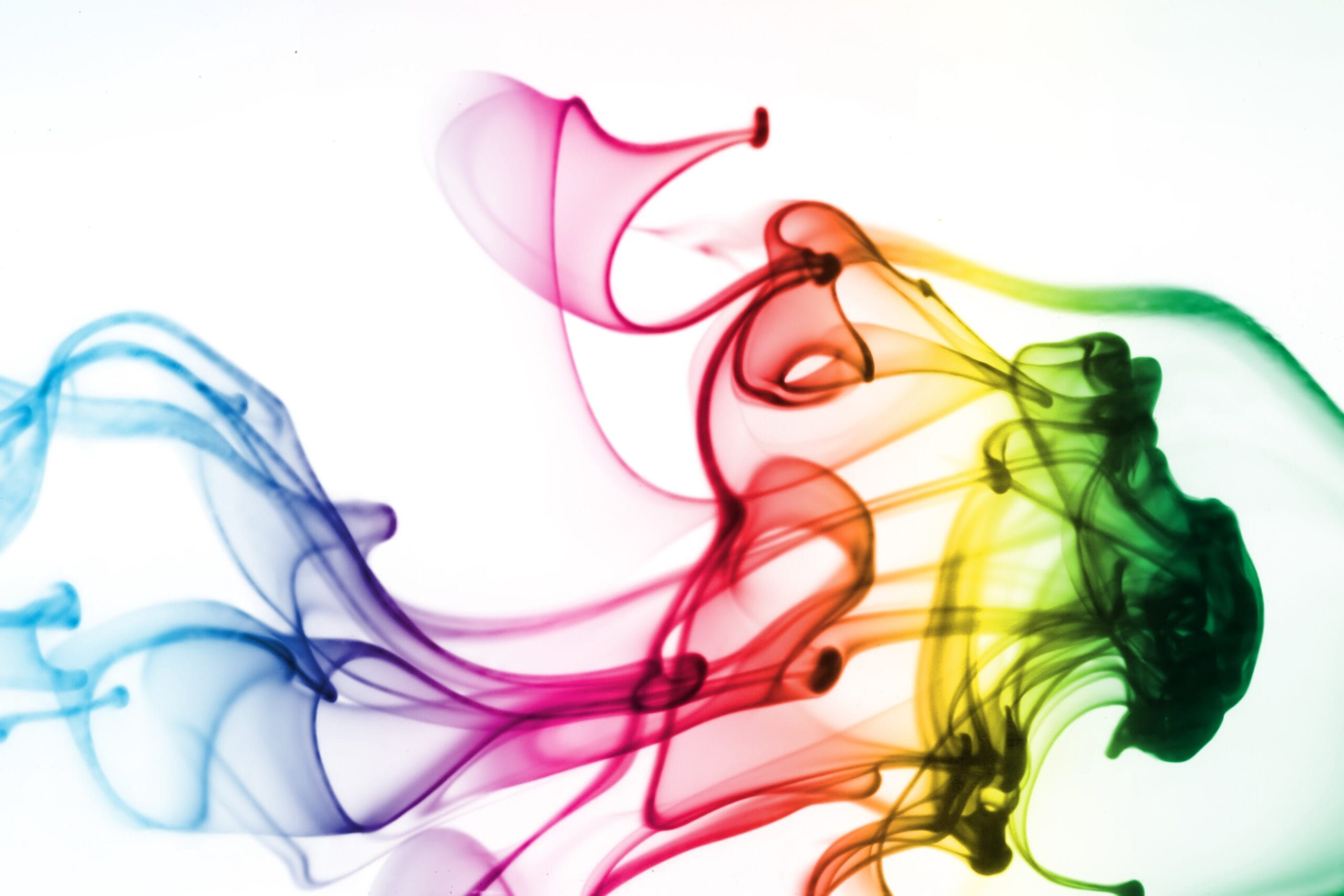 Diversity Bild: Dieses Bild zeigt bunte Tinte in Regenbogenfarben, die sich in Wasser gegen einen weißen Hintergrund mischt, als Symbol für Vielfalt.