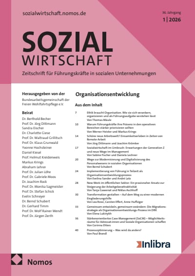 Cover Sozialwirtschaft 1_2026 Cover der Zeitschrift „SOZIALwirtschaft“ (Ausgabe 1/2026) in Rosa-Pink; Titel, Untertitel und Liste von Fachartikeln zur Organisationsentwicklung sowie Verlagslogos Nomos und inlibra.