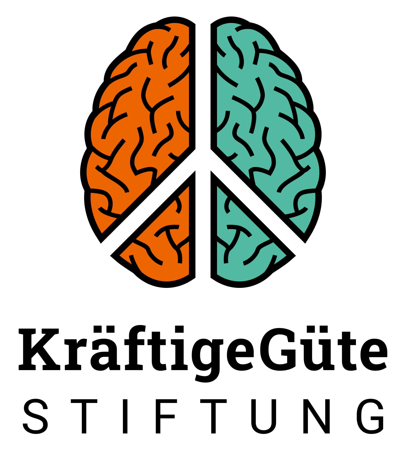 KGS_Logo_hoch Logo der KräftigeGüte Stiftung: Stilisiertes Gehirn in Orange und Türkis, geteilt durch ein weißes Friedenszeichen; darunter der Schriftzug „KräftigeGüte Stiftung“.